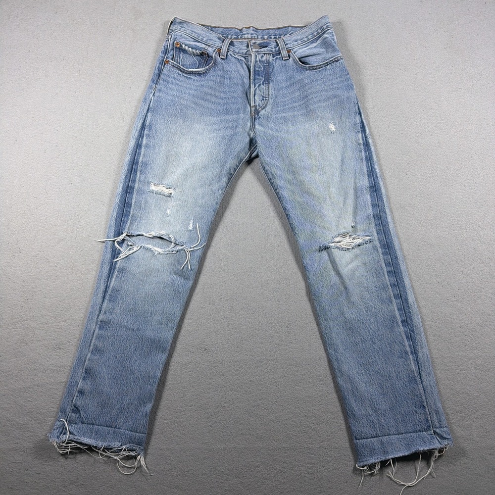 Levis 501 Jeans Womens 27x28 Distressed High Rise Straight Light Wash Blue Denim